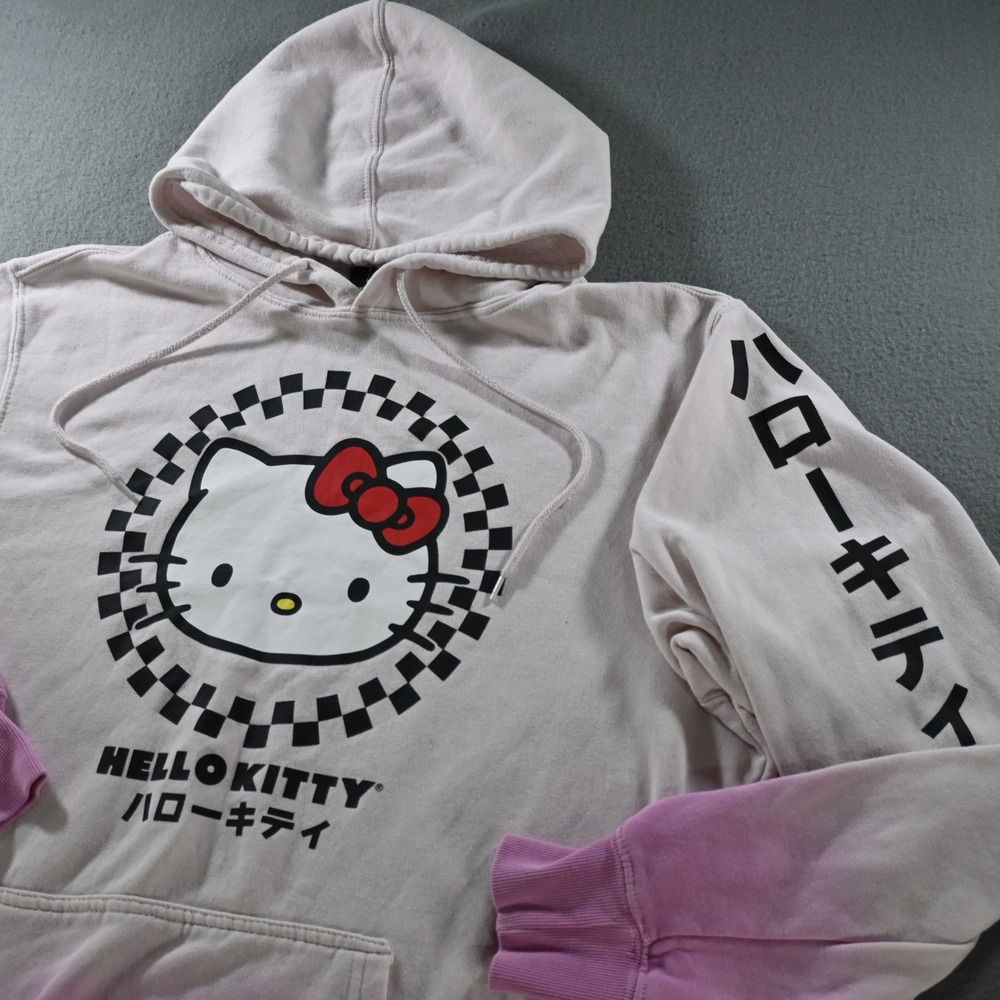 Bioworld Hello Kitty Checkered Dip Dye Hoodie Size L Pink Ombre Graphic Hoodie